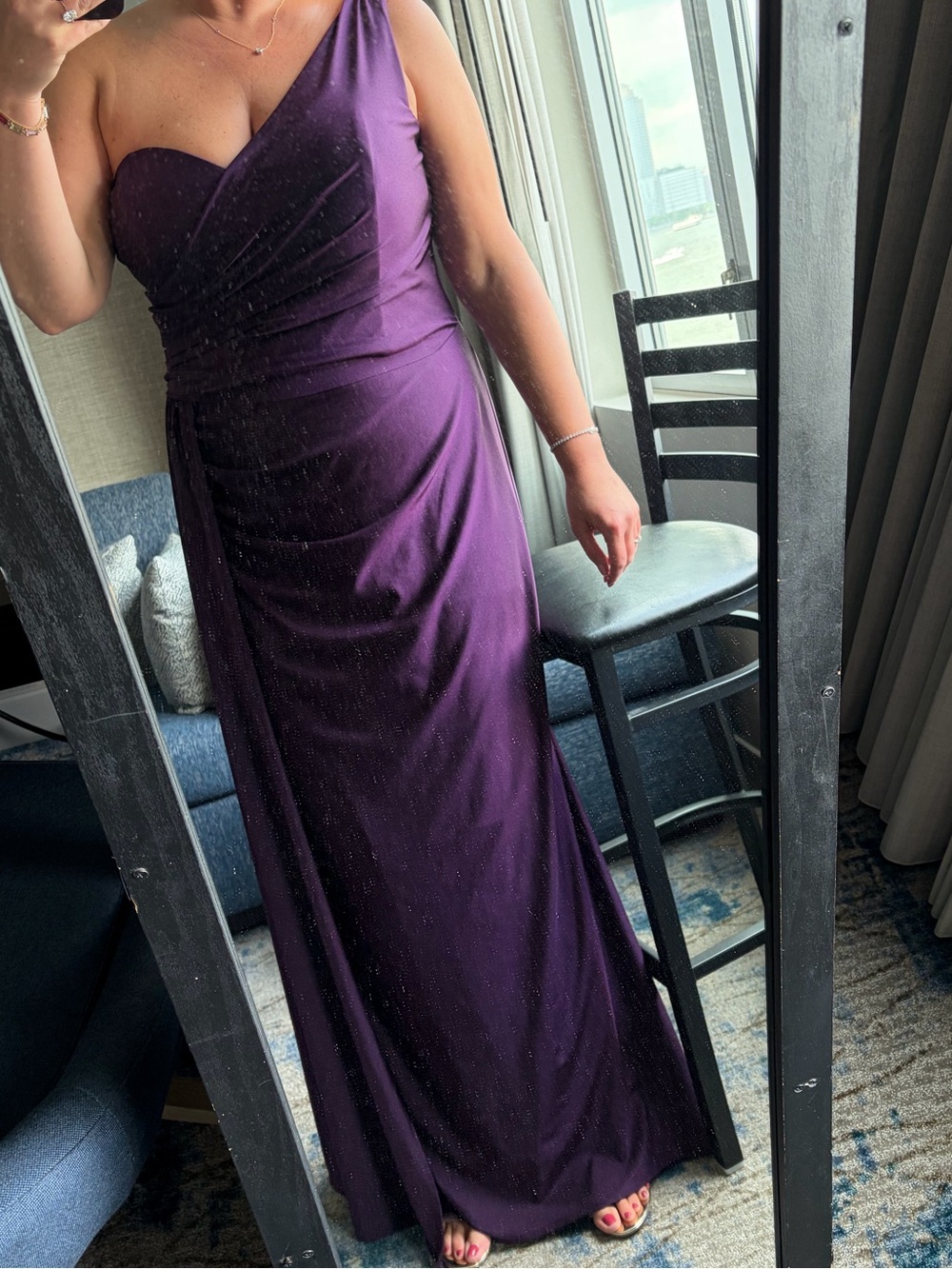 One-Shoulder Dark Purple Evening Dress with Drape Detail stretch satin